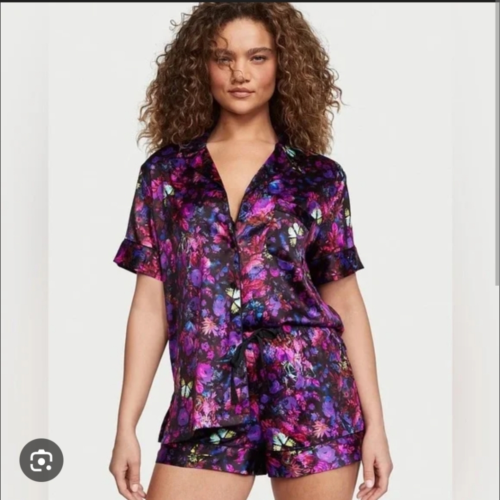 Victoria's Secret Black Floral Satin Pajama Set